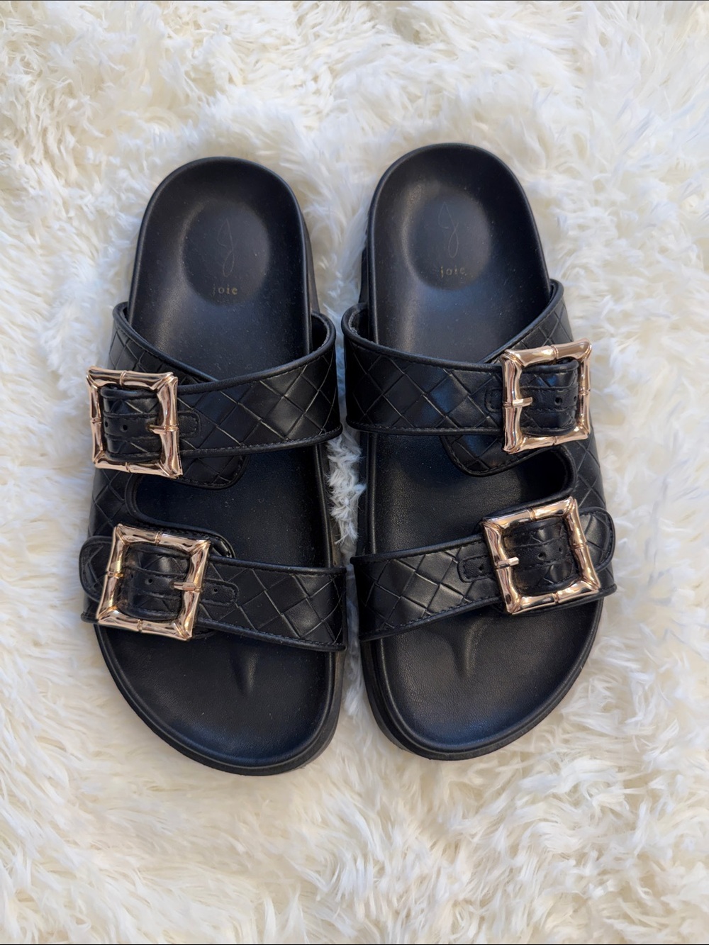 Joie Black Quilted Double-Strap Slides with Gold Buckles